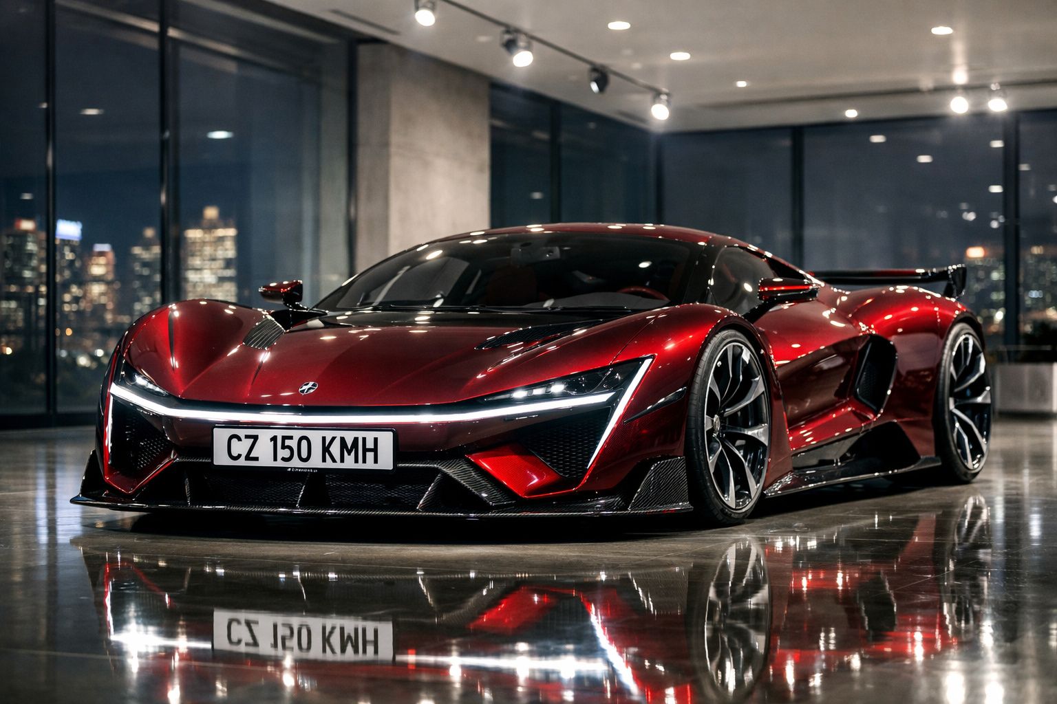Desportivo vermelho metálico com design futurista estacionado em piso polido, com janelas amplas e cidade iluminada ao fundo.