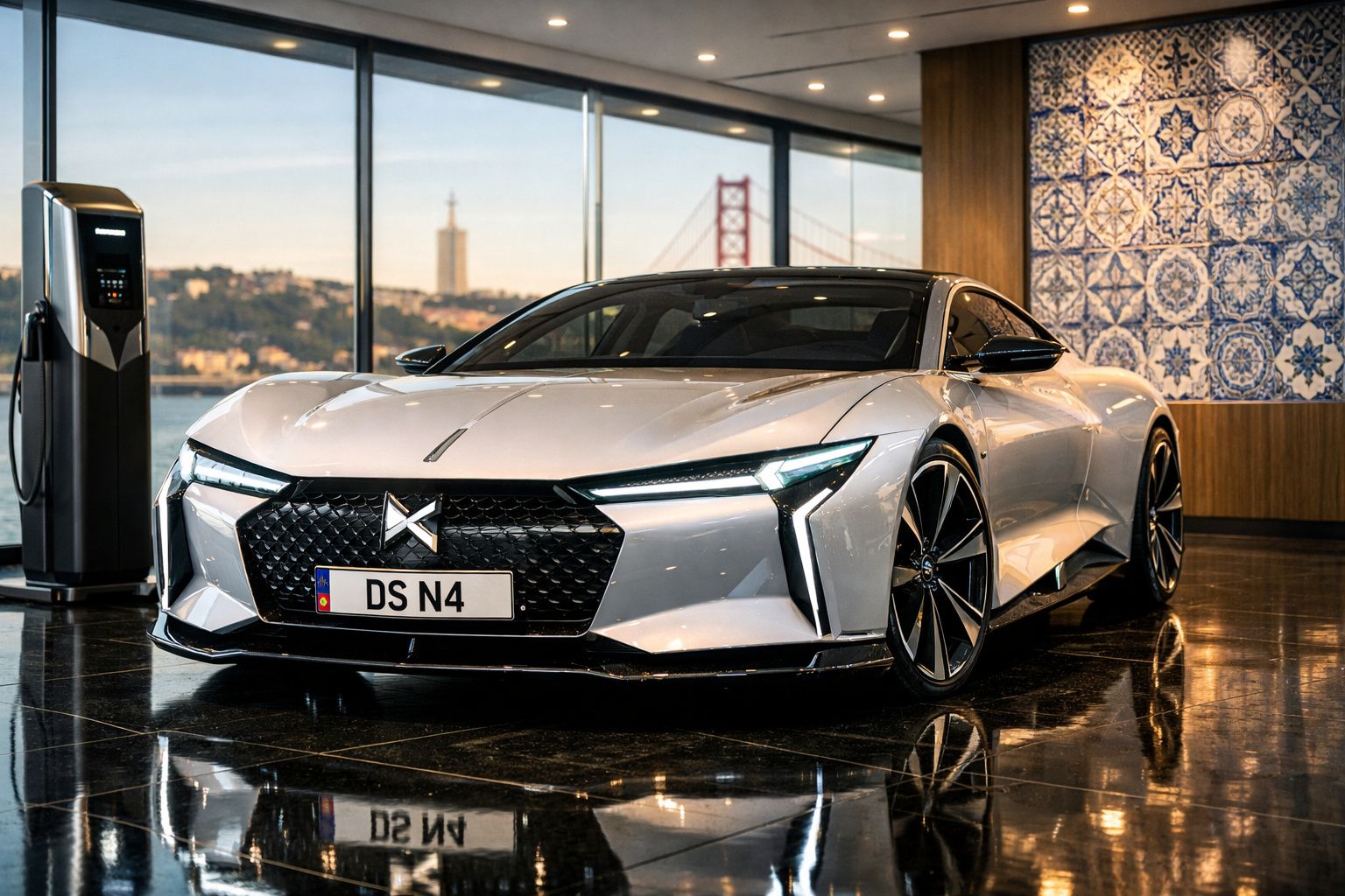 Carro elétrico DS Automobiles modelo DS N4 em exposição interior com estação de carregamento e vista para a Ponte 25 de Abril