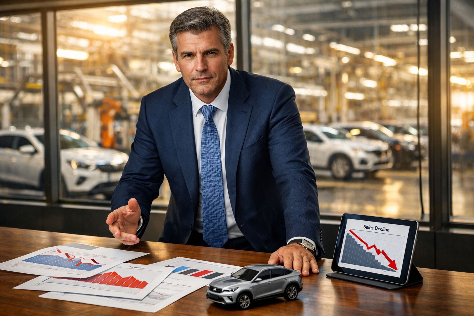 Homem de negócios preocupado numa sala com gráficos de vendas em declínio e miniatura de carro em mesa.