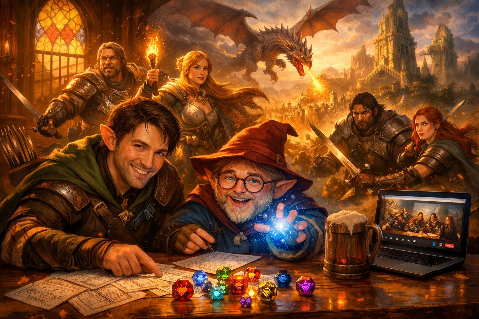 Grupo de aventureiros de fantasia com dados coloridos, dragão a voar e castelo ao fundo, a jogar RPG numa taverna.