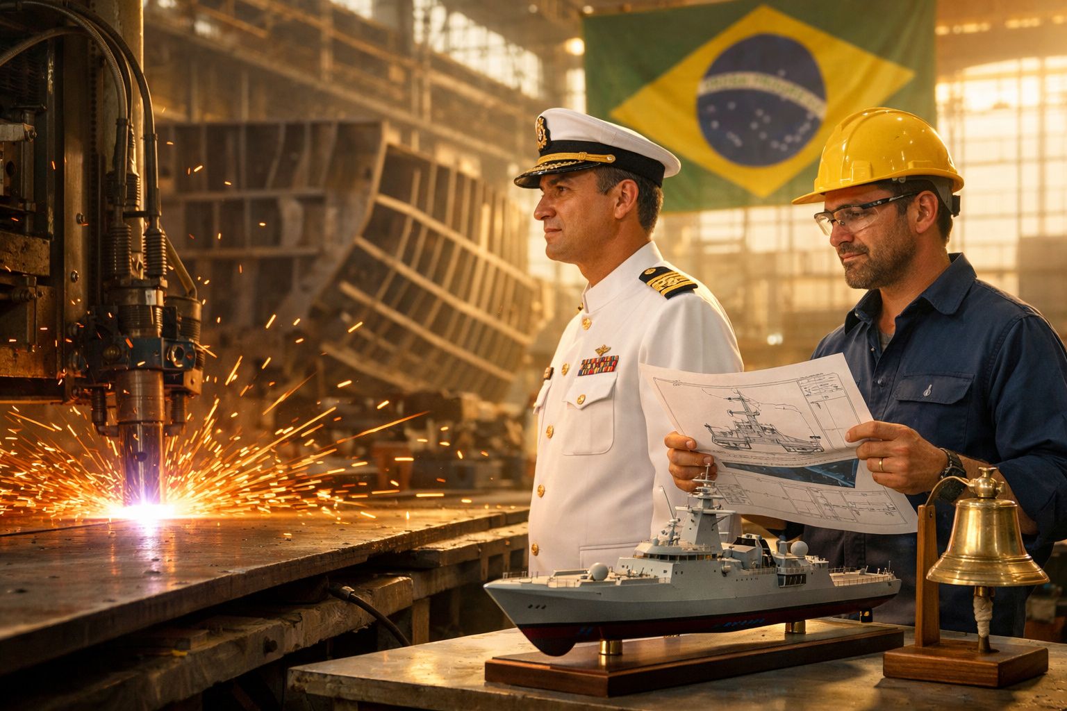 Oficiais e engenheiro observam construção de navio militar com maquete e planos numa fábrica.