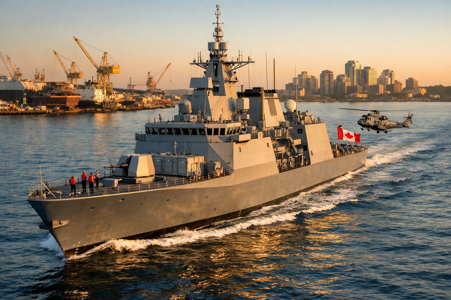 Navio de guerra canadiano a navegar no porto, com helicóptero ao lado e edifícios ao fundo ao pôr do sol.