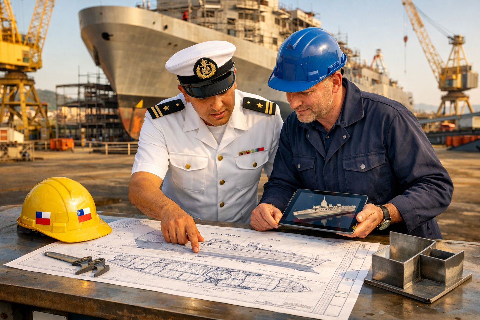 Oficial naval e engenheiro em capacete azul analisam plantas e modelo digital de navio num estaleiro naval.