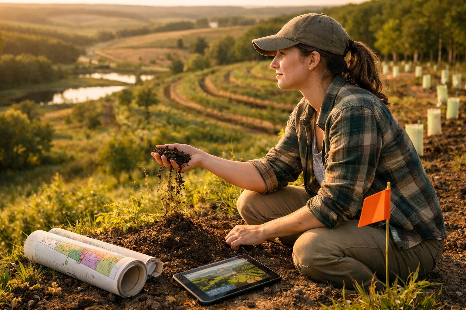 Mulher em campo agrícola analisa solo com mapas e tablet ao lado, ao pôr do sol.