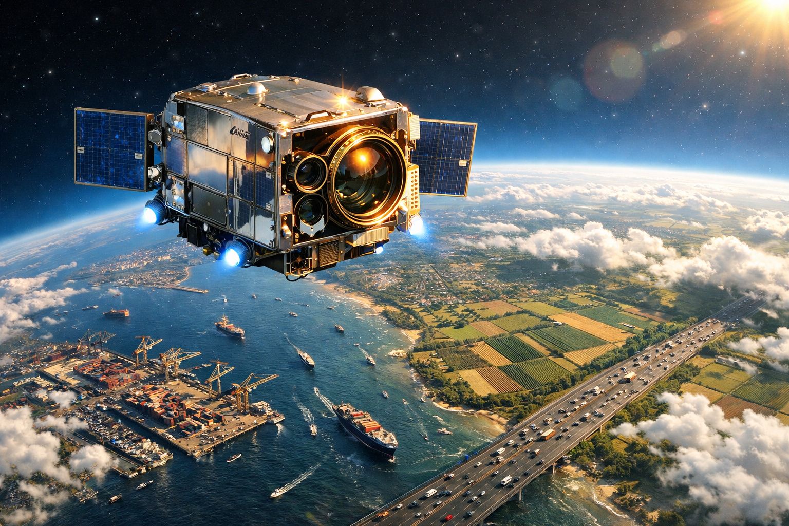 Satélite com painéis solares em órbita observando um porto marítimo e áreas agrícolas sob nuvens.