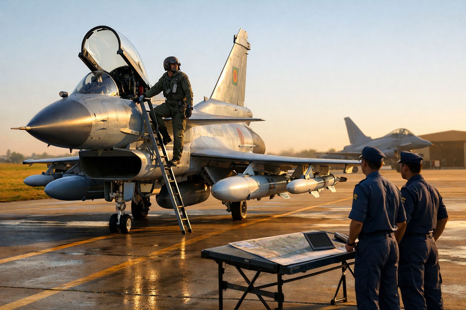 Piloto militar a sair de avião de combate com tripulação e mapa em pista ao amanhecer.