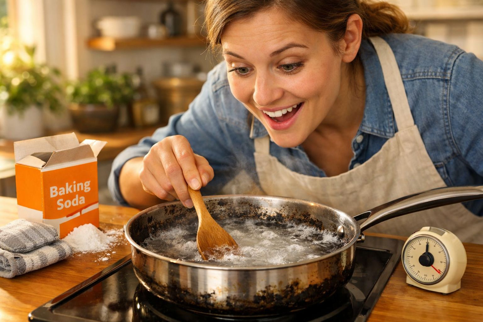 Mulher animada mexe água a ferver numa frigideira na cozinha, ao lado de bicarbonato de sódio.