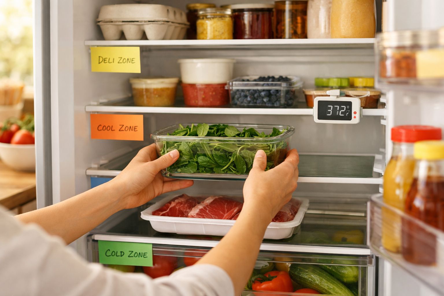 Mãos a colocar salada numa caixa de vidro na zona fria do frigorífico com etiquetas coloridas de temperaturas.