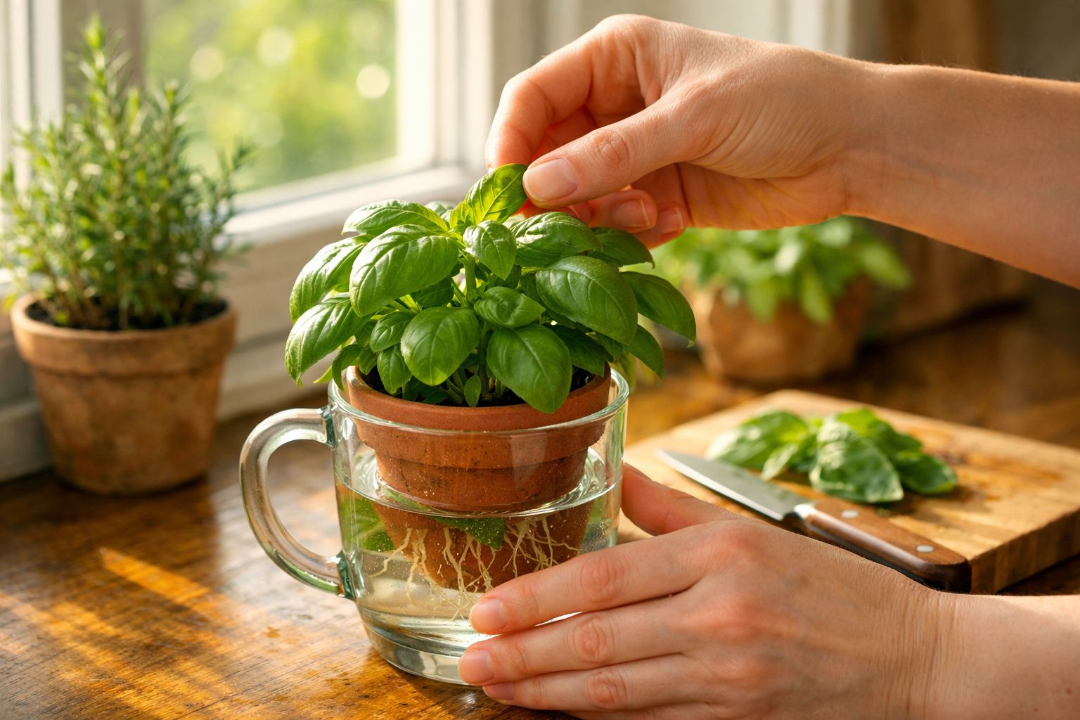 Mãos a cuidar de manjericão em vaso de barro dentro de caneca com água numa cozinha iluminada.
