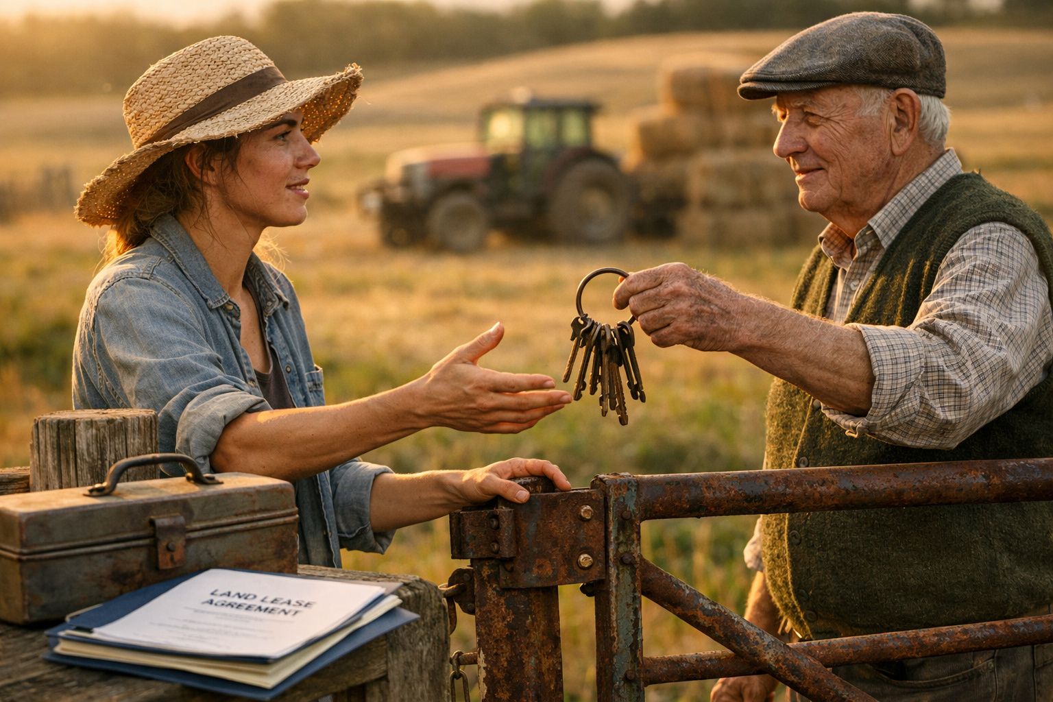 Homem idoso entrega chaves a mulher jovem numa quinta, com documentos e trator ao fundo.