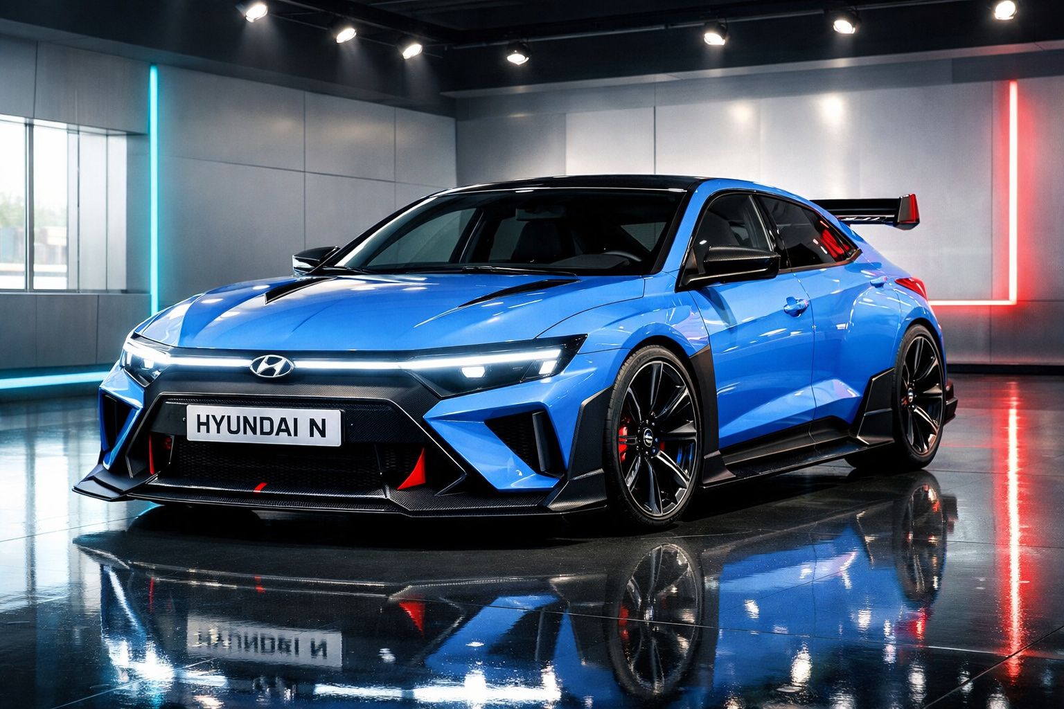 Carro desportivo Hyundai N de cor azul com detalhes a preto, em ambiente interior moderno e iluminado.