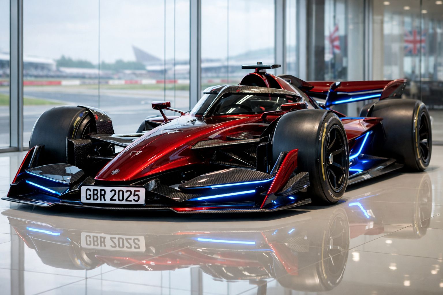 Carro de Fórmula 1 futurista vermelho e azul num salão com piso reflexivo e janelas panorâmicas.