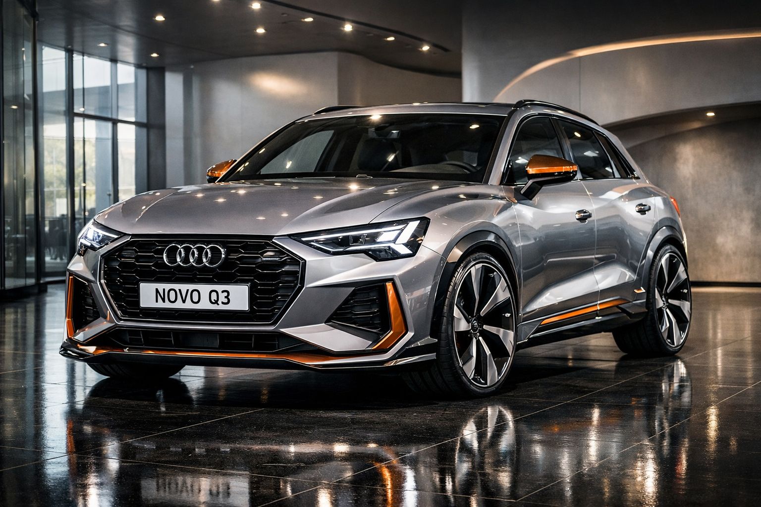 Automóvel Audi Q3 cinza com detalhes laranja num showroom moderno com chão refletor.