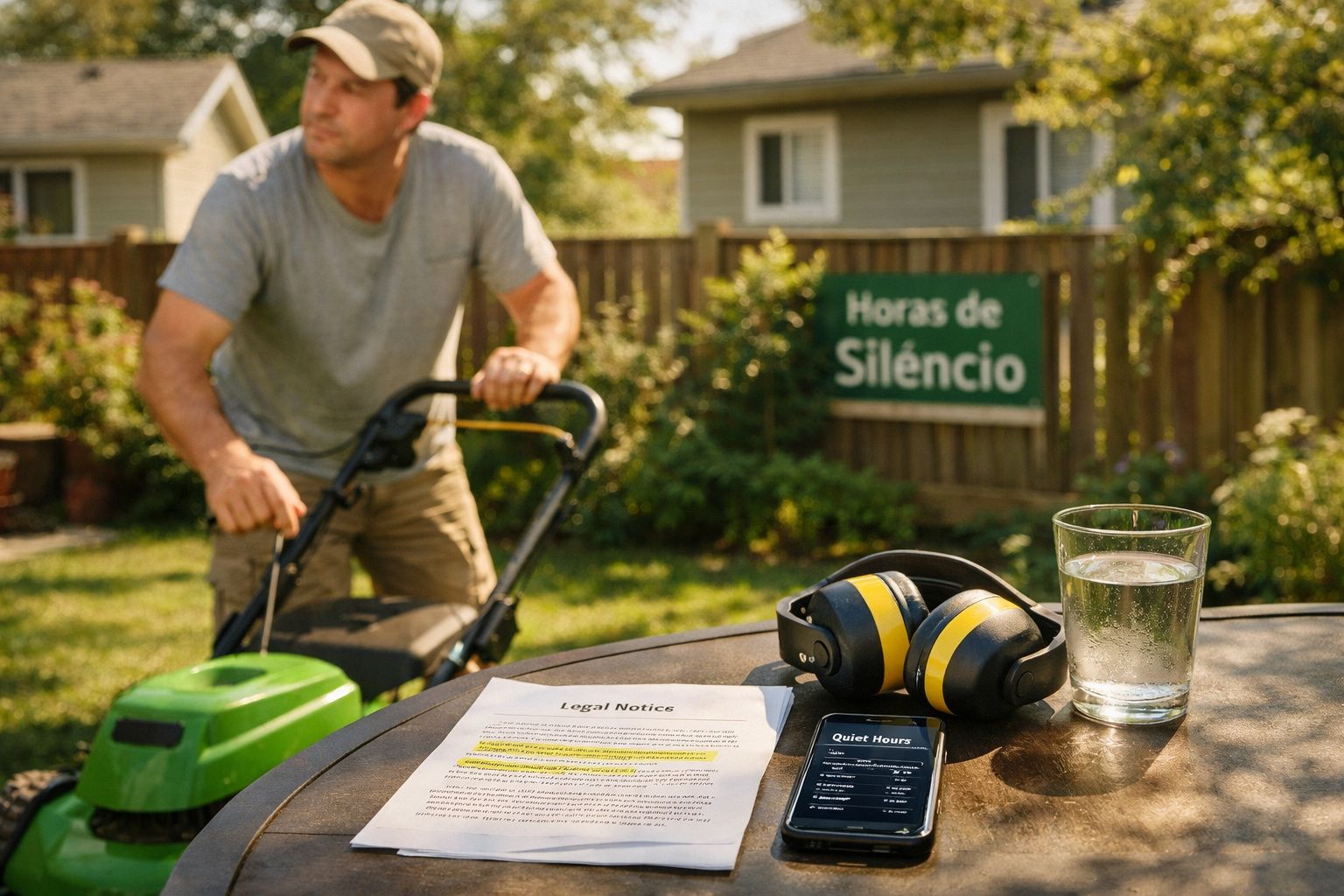 Homem a cortar relva durante horas de silêncio, com aviso legal, auscultadores e copo de água numa mesa.