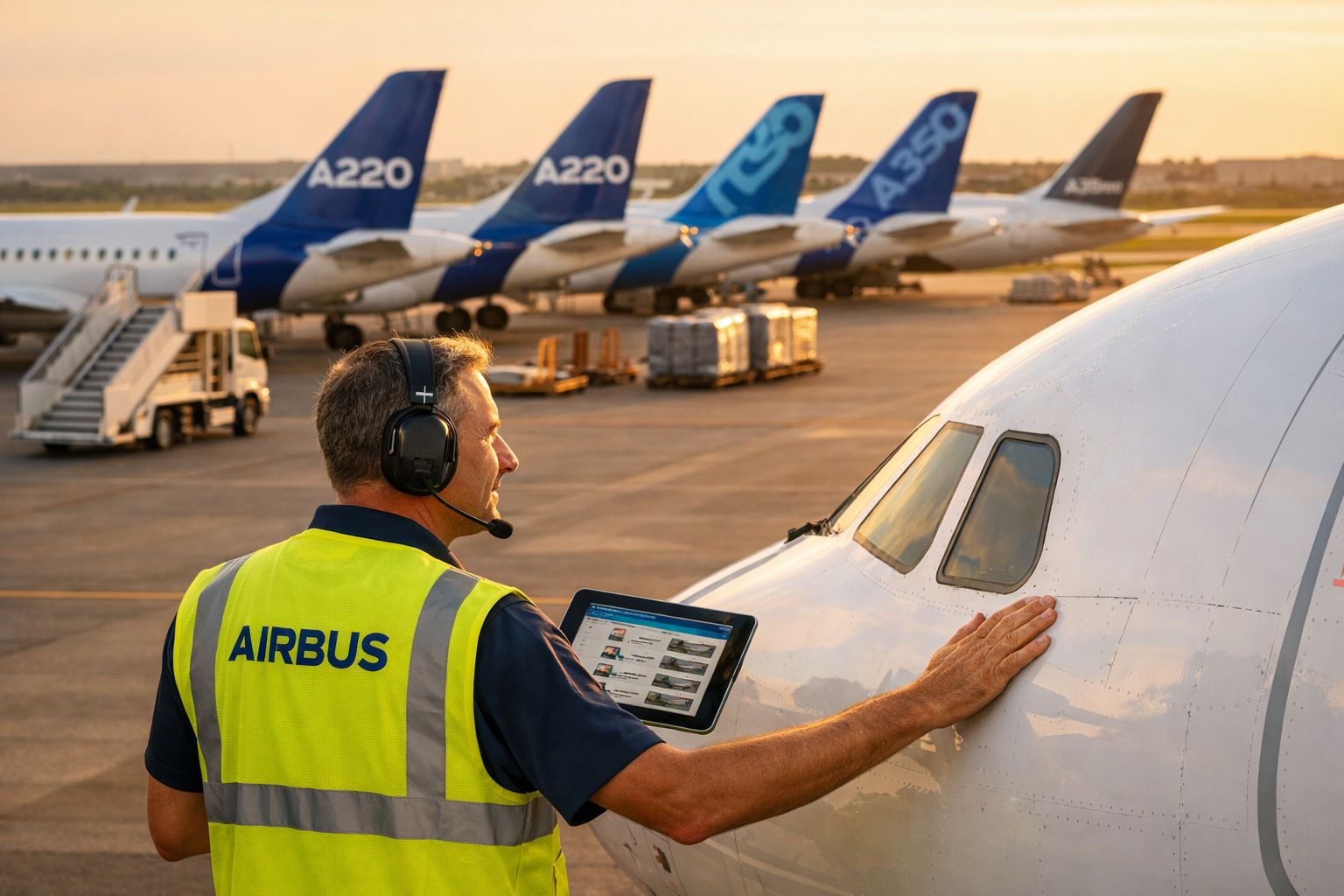 Técnico da Airbus com colete refletor e tablet inspeciona a fuselagem de avião na pista do aeroporto ao pôr do sol.