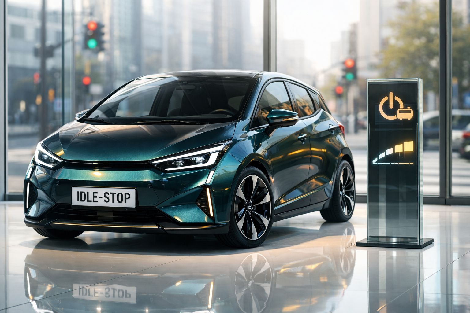 Carro elétrico verde metálico em exposição com posto de carregamento e luzes de trânsito ao fundo.