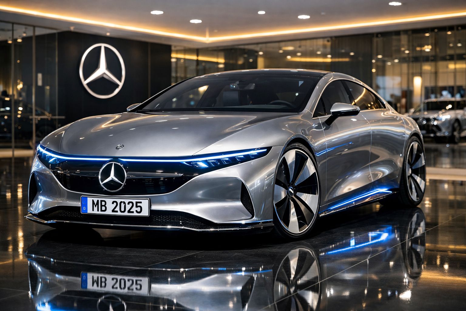 Carro elétrico Mercedes-Benz prata com design futurista em exposição numa sala moderna e iluminada.