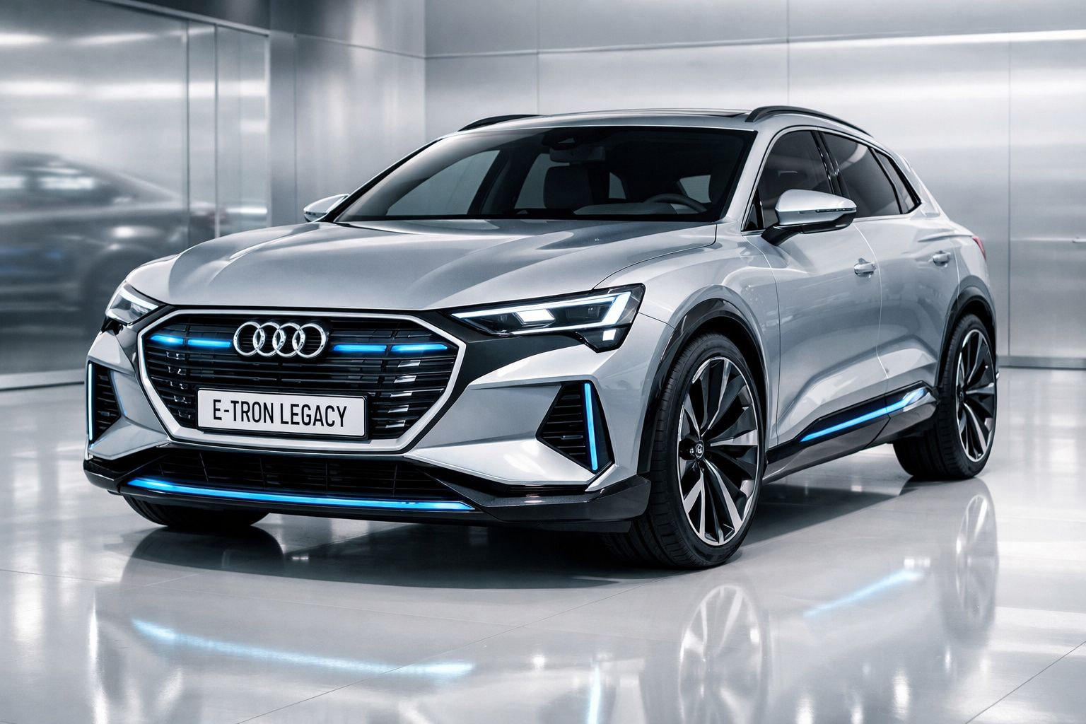 Carro elétrico Audi E-Tron Legacy prata com detalhes em azul, em ambiente interno moderno e brilhante.