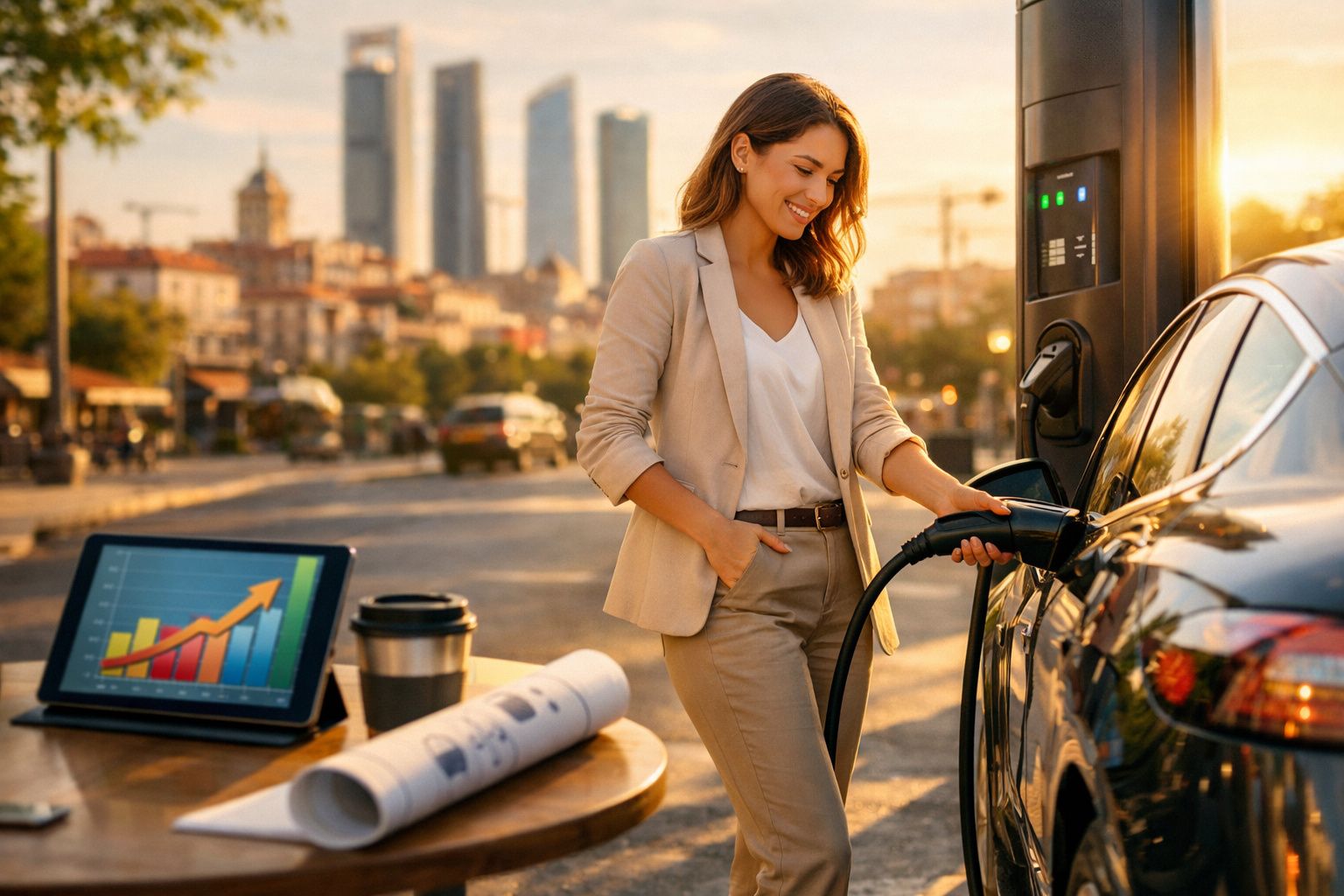 Mulher a carregar um carro elétrico numa estação de carregamento com gráficos num tablet ao lado.