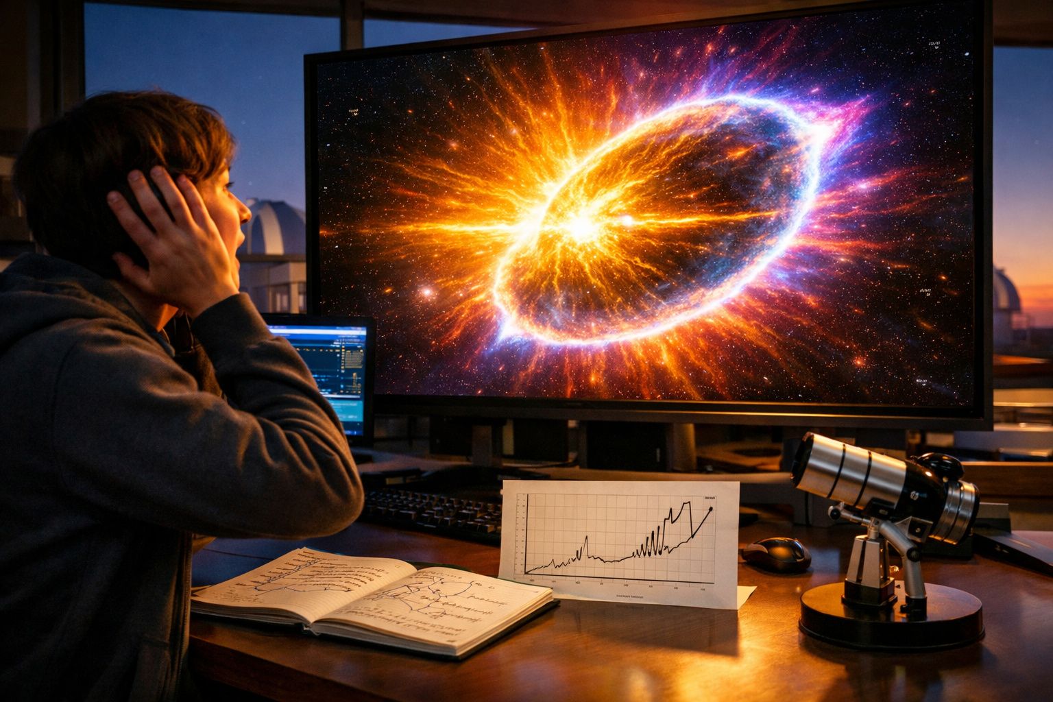 Pessoa a observar e a estudar uma simulação de explosão cósmica numa grande ecrã com gráficos e telescópio na mesa.
