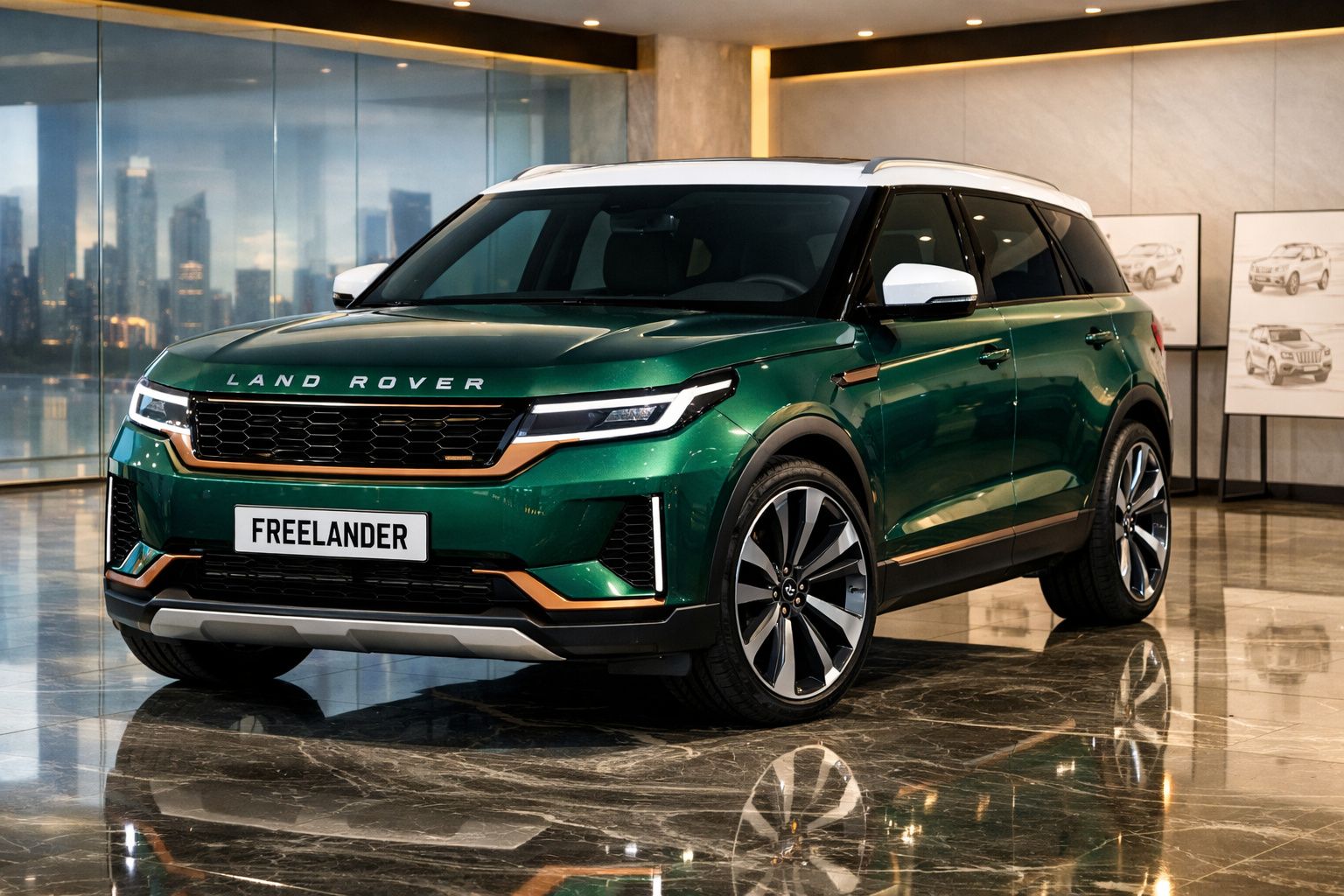 SUV Land Rover Freelander verde com tejadilho branco em exposição interior moderna.