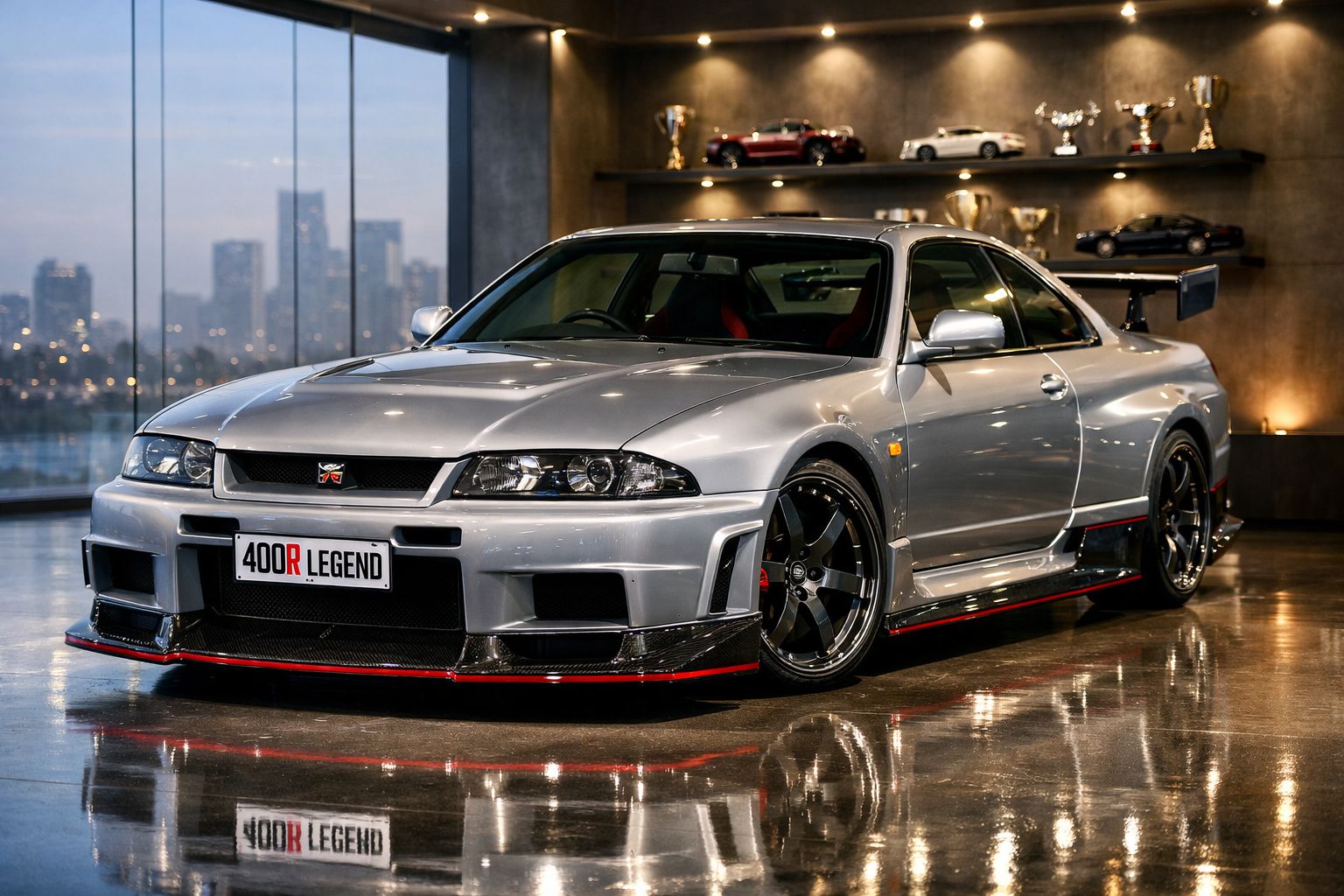 Carro desportivo prata Nissan Skyline R33 com detalhes em vermelho, exposto num salão com troféus ao fundo.