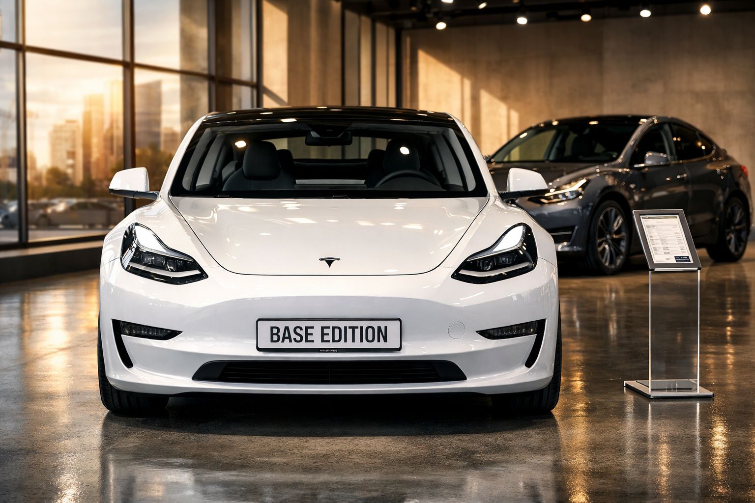 Carro elétrico Tesla branco modelo Base Edition numa exposição interior com outro carro ao fundo.