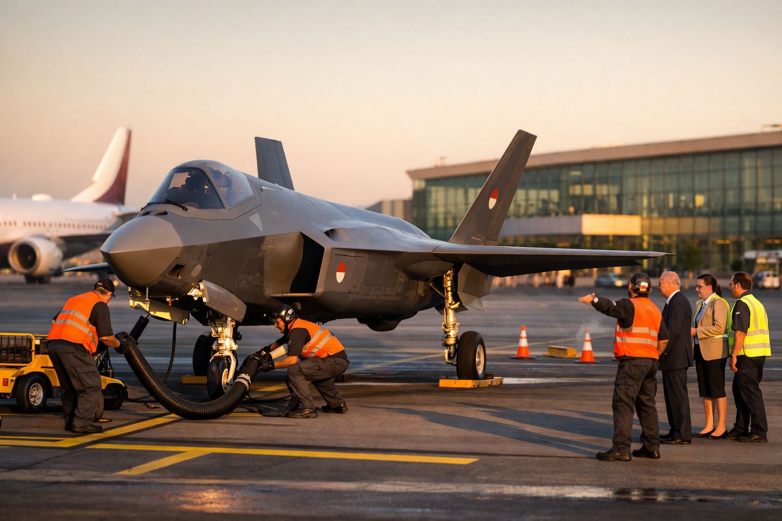 Caça militar estacionado no aeroporto com técnicos em coletes laranja a realizar manutenção e pessoas em observação.