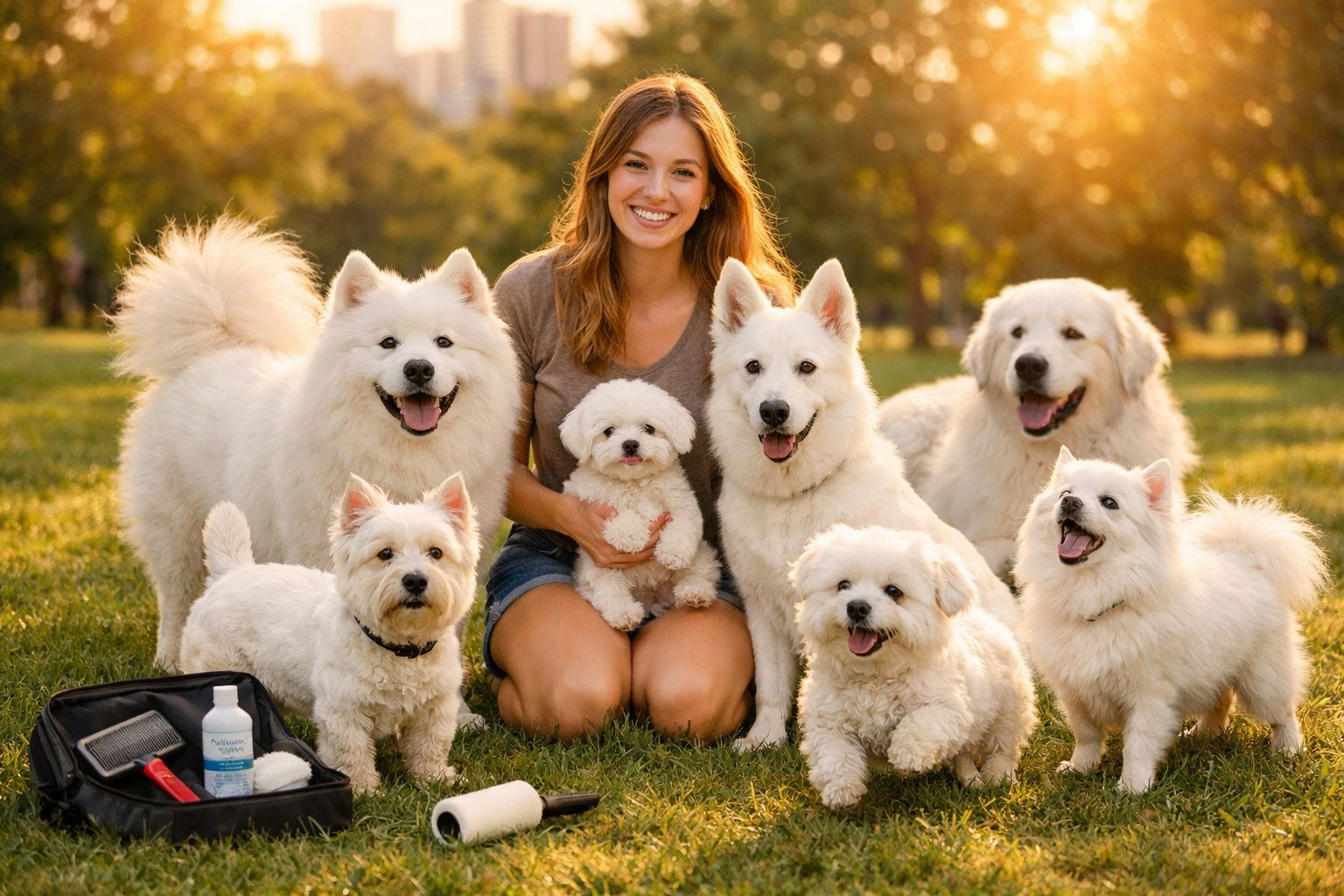 Mulher sorridente sentada na relva rodeada por sete cães felizes brancos de várias raças ao pôr do sol.