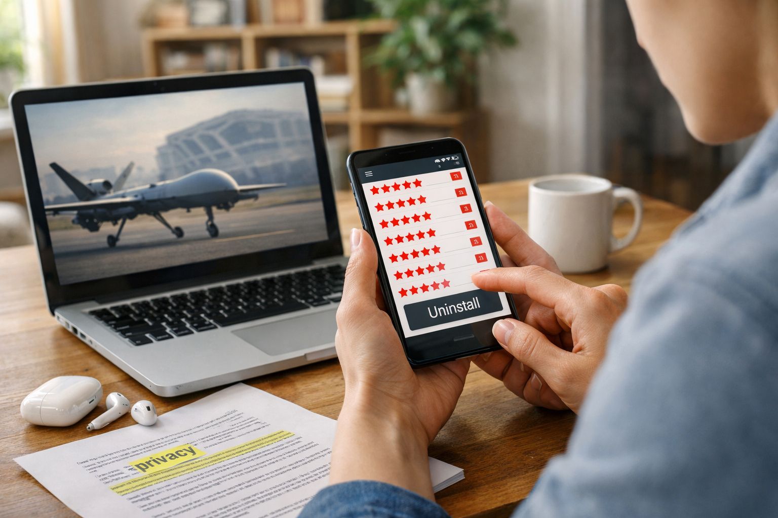 Pessoa a usar telemóvel com avaliação por estrelas e botão de desinstalar, perto de portátil com imagem de drone militar.