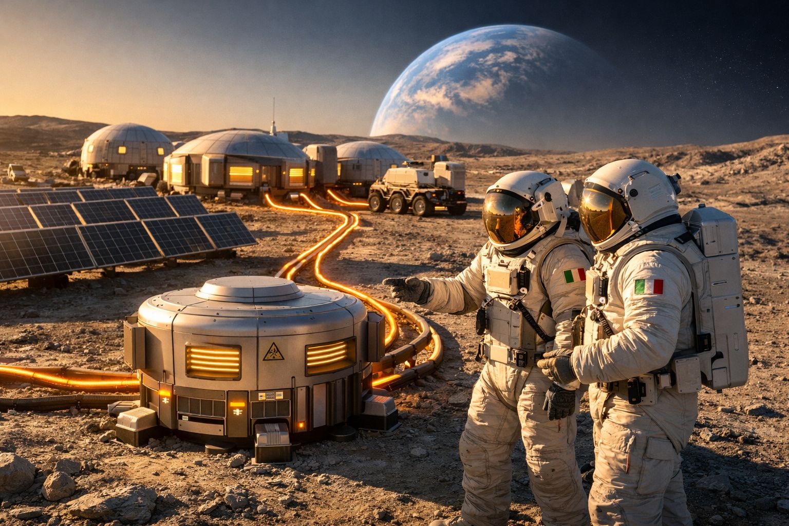 Dois astronautas em fatos espaciais próximos a um habitat futurista e painéis solares numa paisagem lunar com planeta visível
