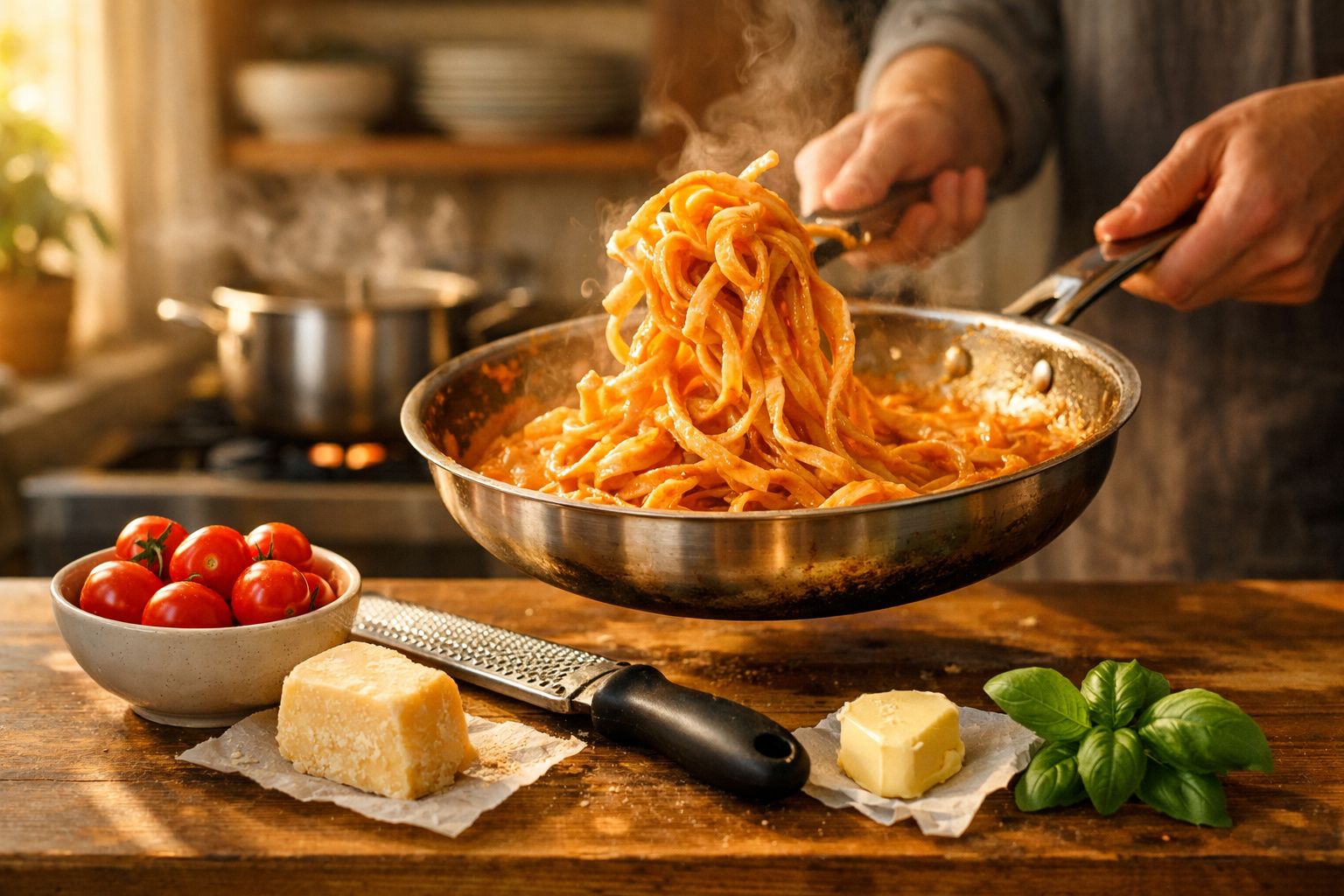Mãos a mexer massa com molho de tomate numa frigideira, com queijo, tomate e manjericão numa mesa.