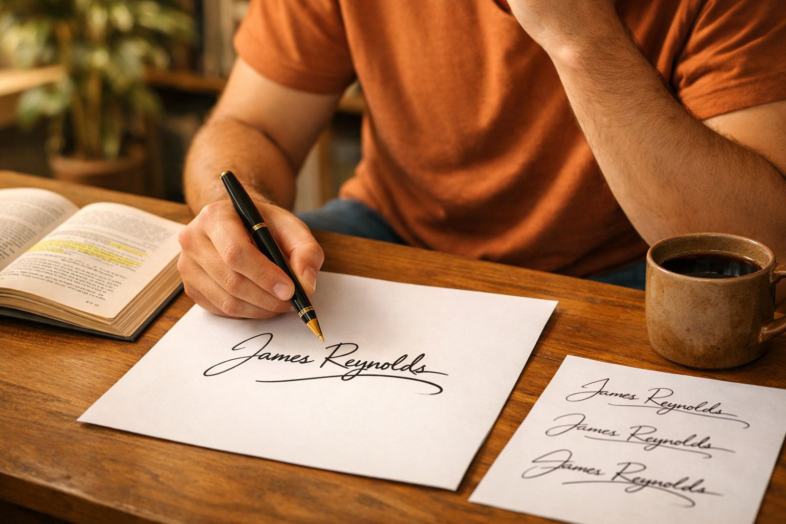 Pessoa a assinar um papel com a caneta, escrito James Reynolds, numa mesa de madeira com café e livro aberto.