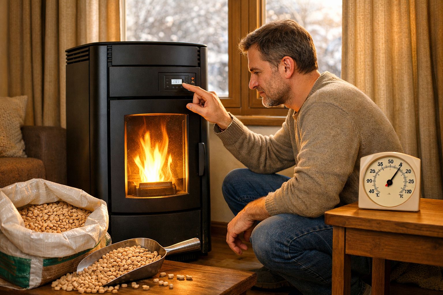 Homem ajusta termostato de salamandra a pellets com saco e concha cheios de pellets ao lado.