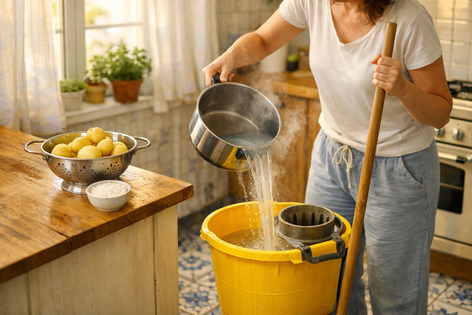 Pessoa a despejar água quente num balde amarelo na cozinha, com batatas num escorredor ao lado.