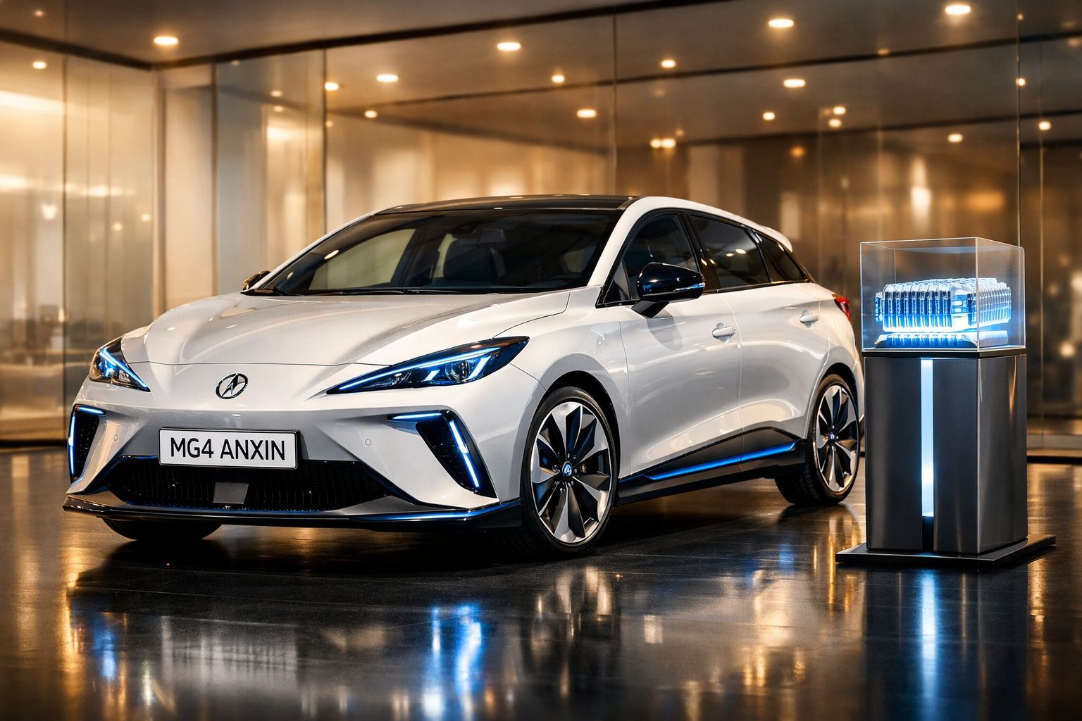 Carro elétrico branco MG4 ANXIN em exposição interior com iluminação moderna e pedestal ao lado.