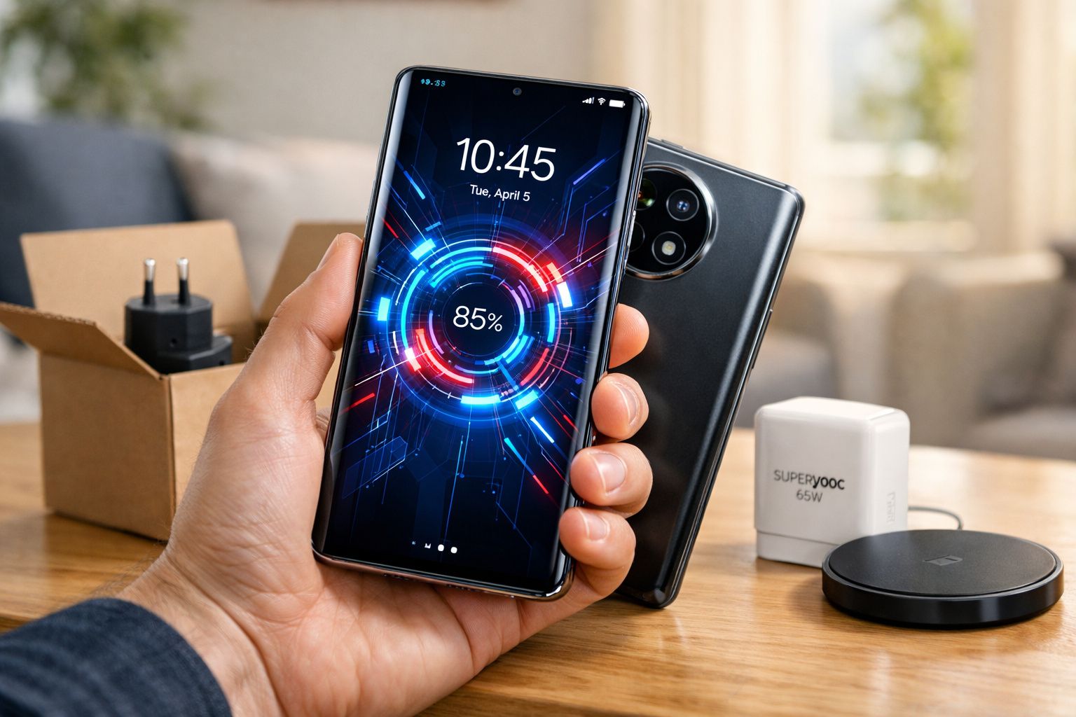 Pessoa a segurar smartphone com 85% de bateria, carregador rápido e estação de carregamento sem fios na mesa.