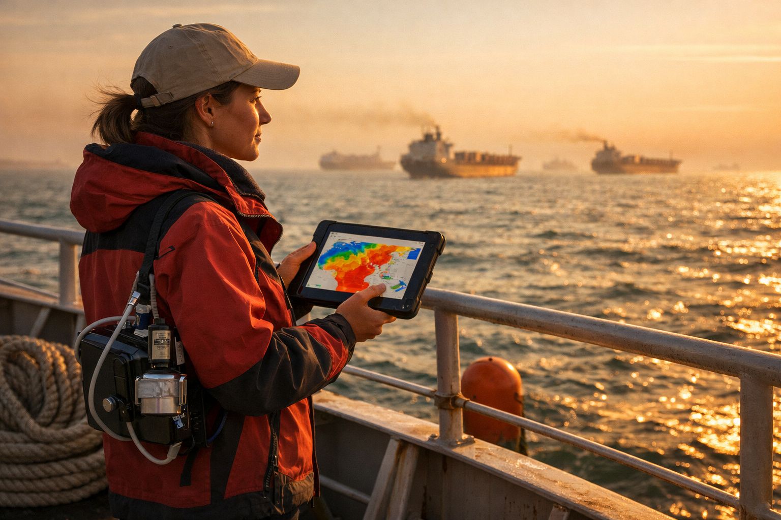 Mulher com jaqueta a bordo de barco observa mapa digital do oceano ao pôr do sol com navios ao fundo.