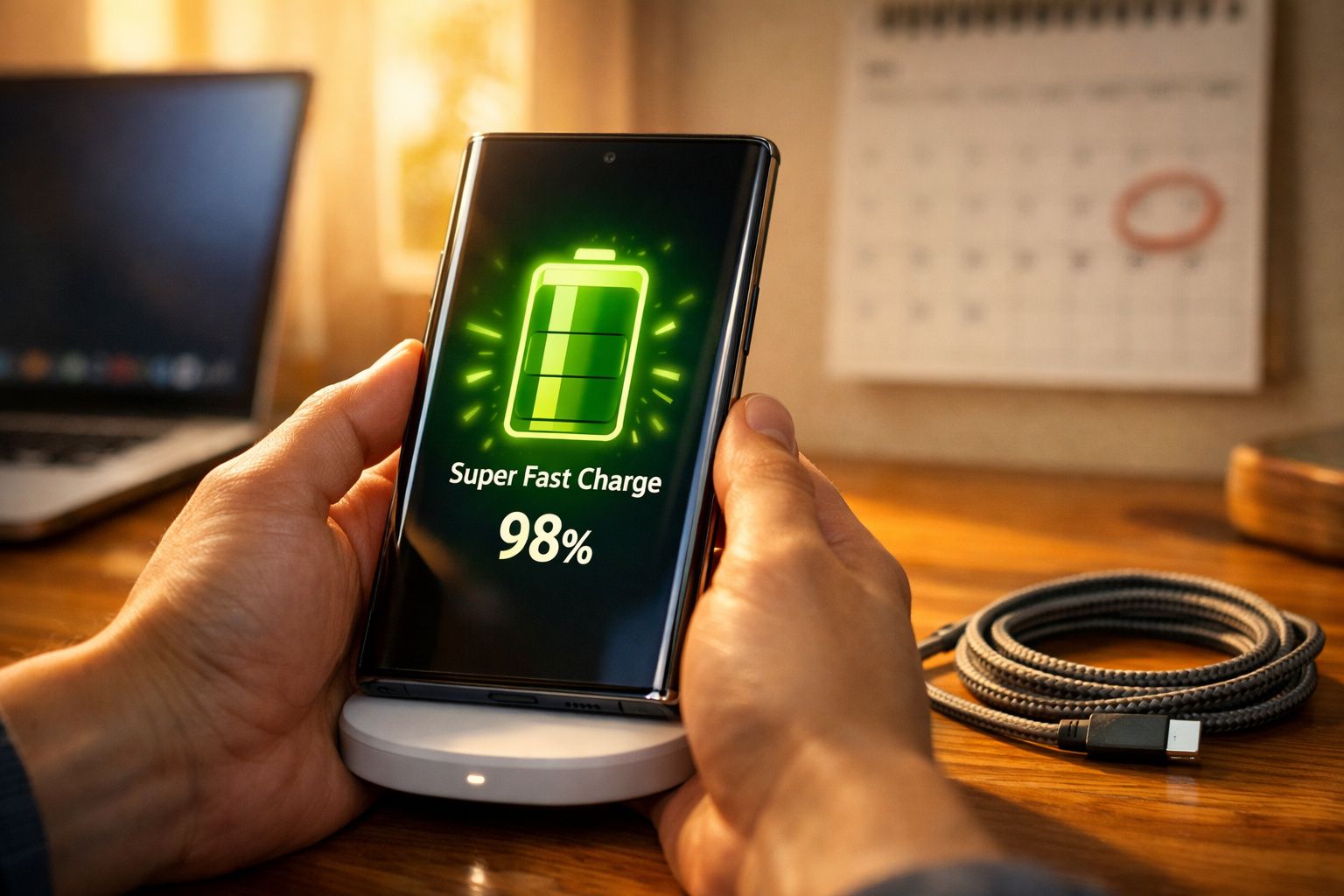 Pessoa a segurar telemóvel a carregar com indicador de bateria a 98% e carregamento rápido em fundo de escritório.