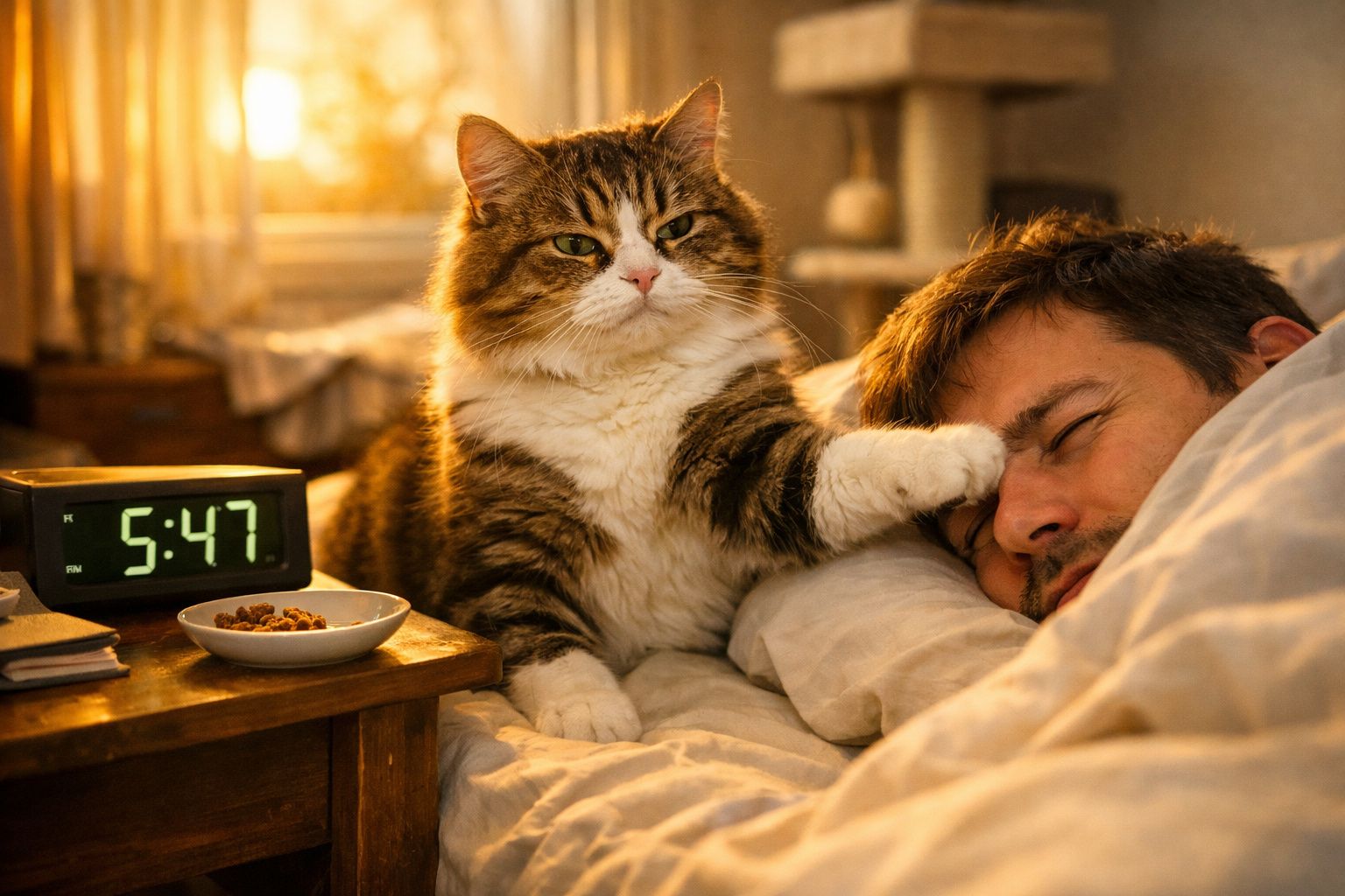 Gato a acordar homem na cama, estendendo a pata sobre o rosto dele numa manhã iluminada.