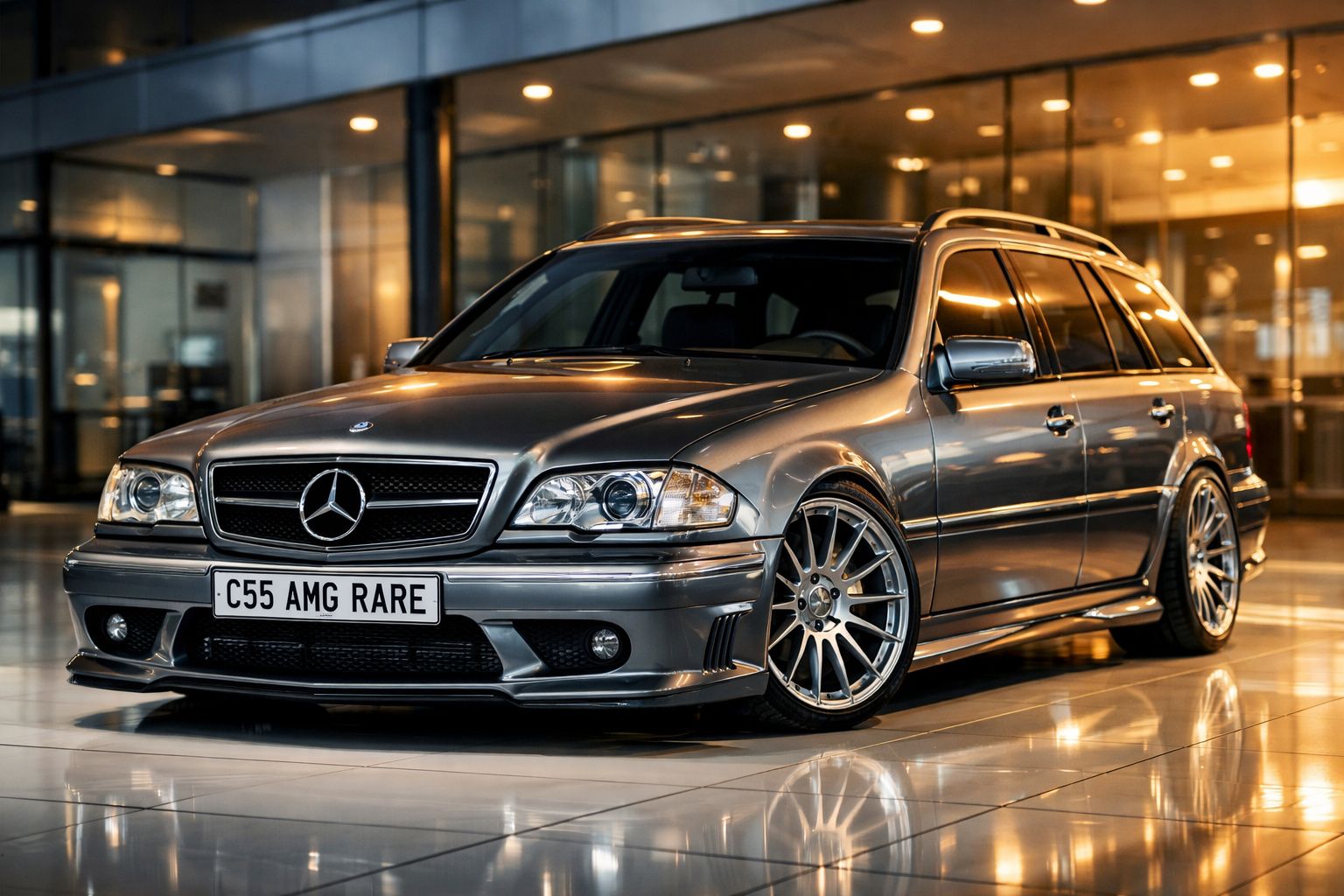 Carro Mercedes-Benz C55 AMG prata, estacionado em ambiente interior com iluminação refletida no chão polido.