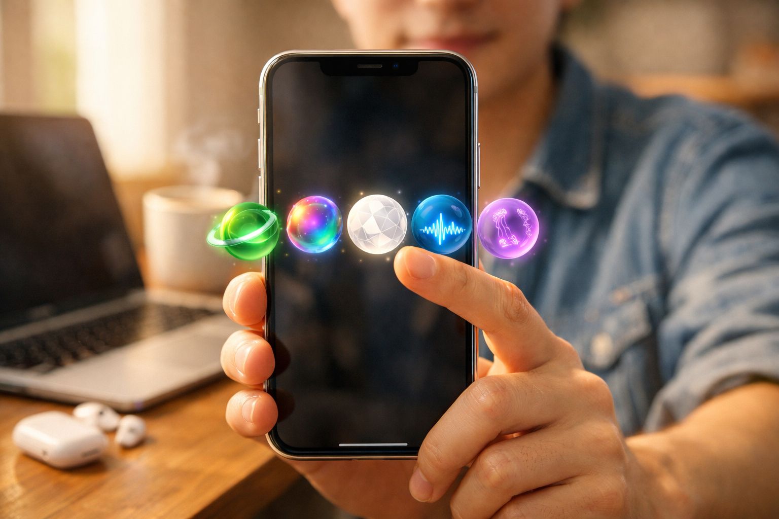 Pessoa a tocar ecrã de smartphone com ícones coloridos flutuantes de planeta, som e hologramas.