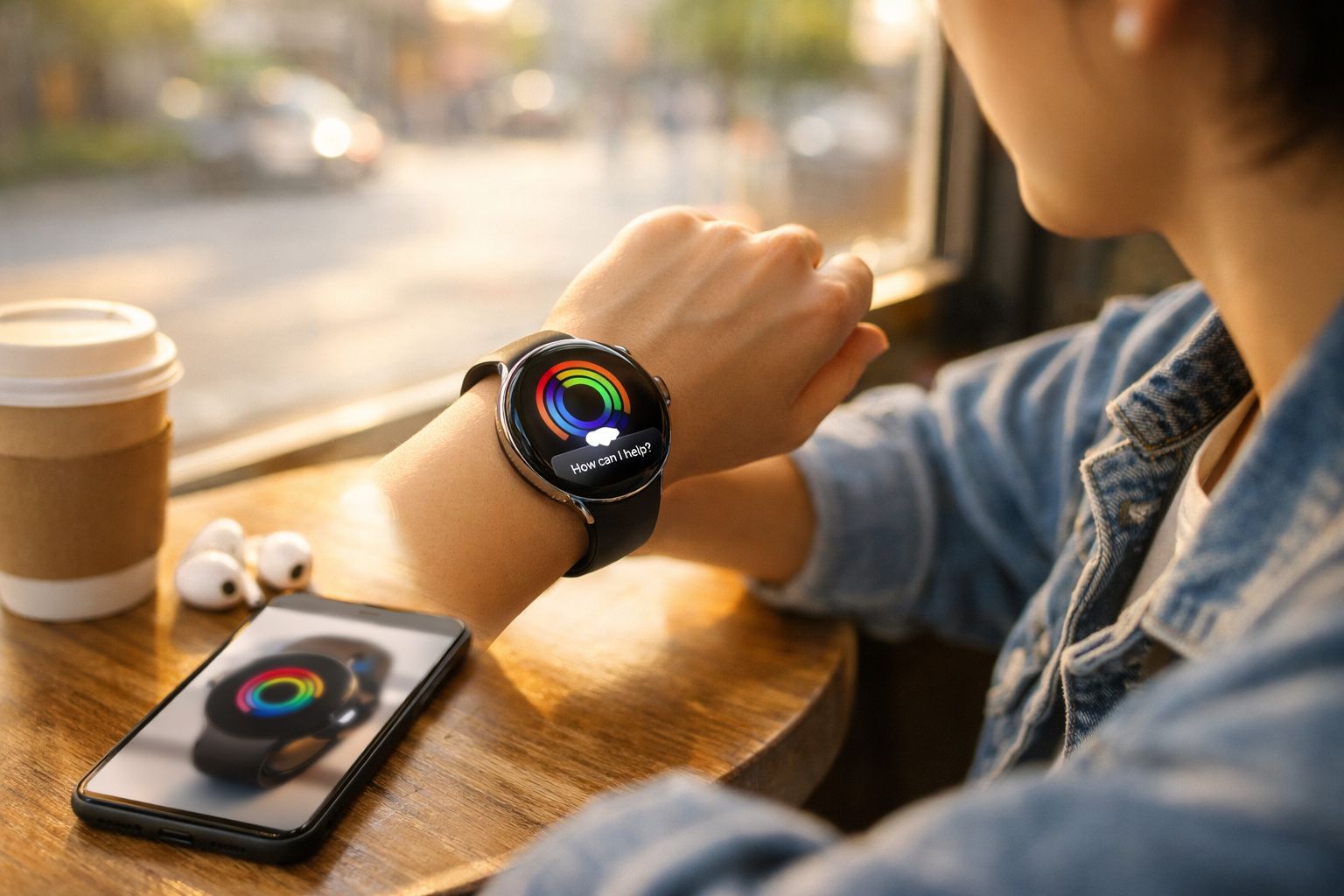 Pessoa usando relógio inteligente preto com ecrã colorido, perto de telemóvel e café numa mesa de madeira.