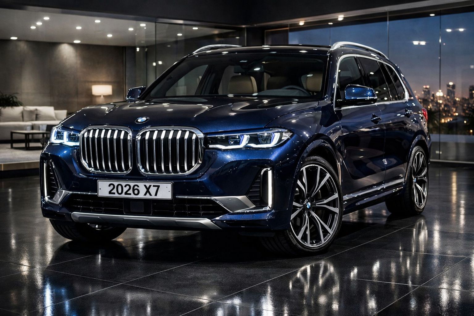 Carro BMW X7 2026 azul escuro estacionado em chão reflexivo, com luzes ligadas e ambiente moderno.