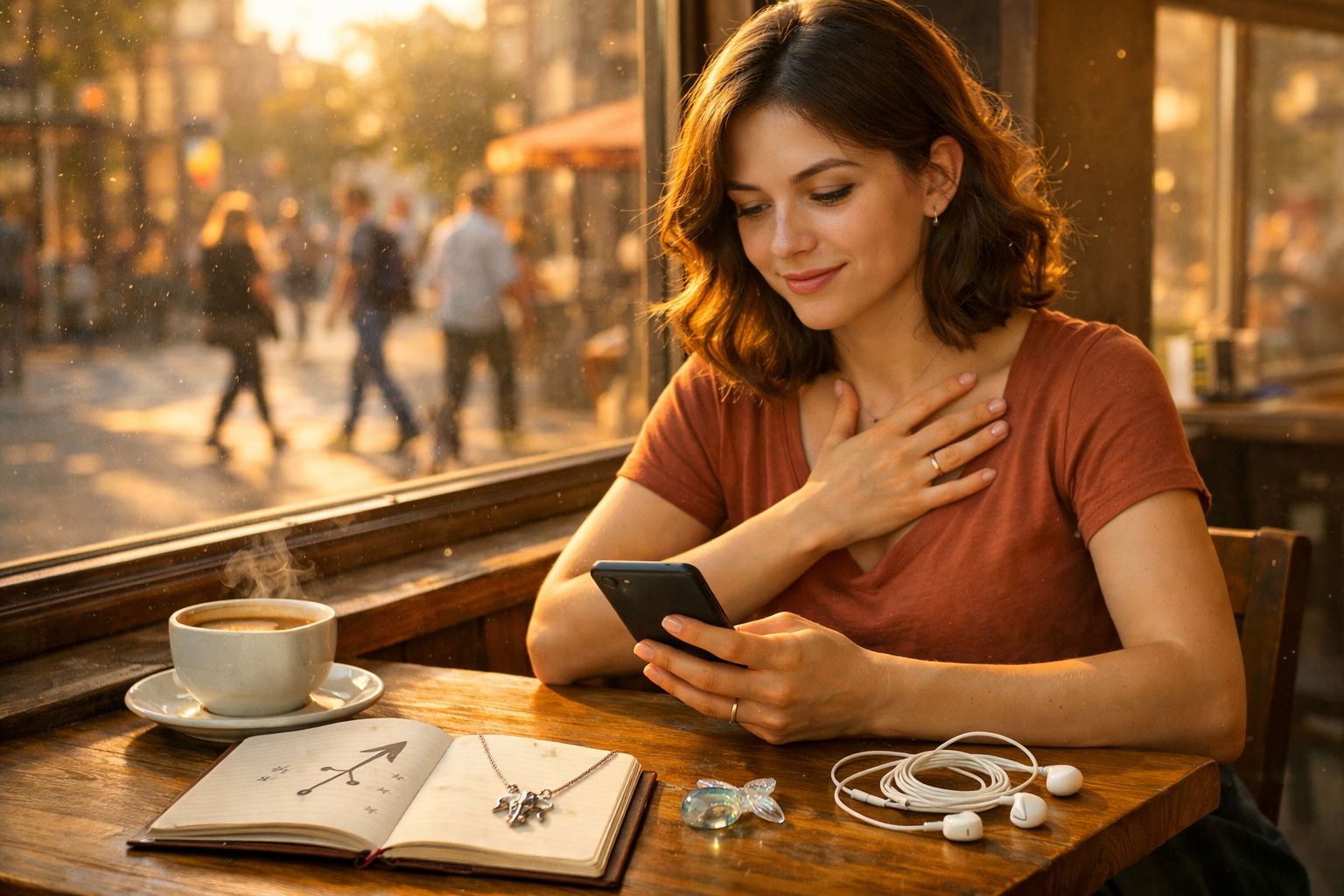 Mulher sentada num café a olhar emocionada para o telemóvel com chá quente e acessórios na mesa.