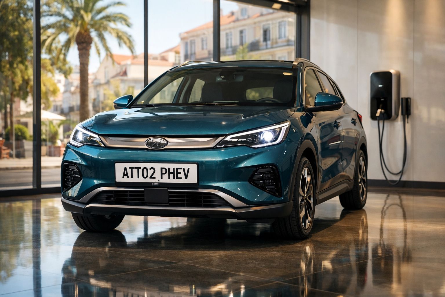 Carro elétrico azul estacionado em interior com carregador de parede junto à porta de vidro.