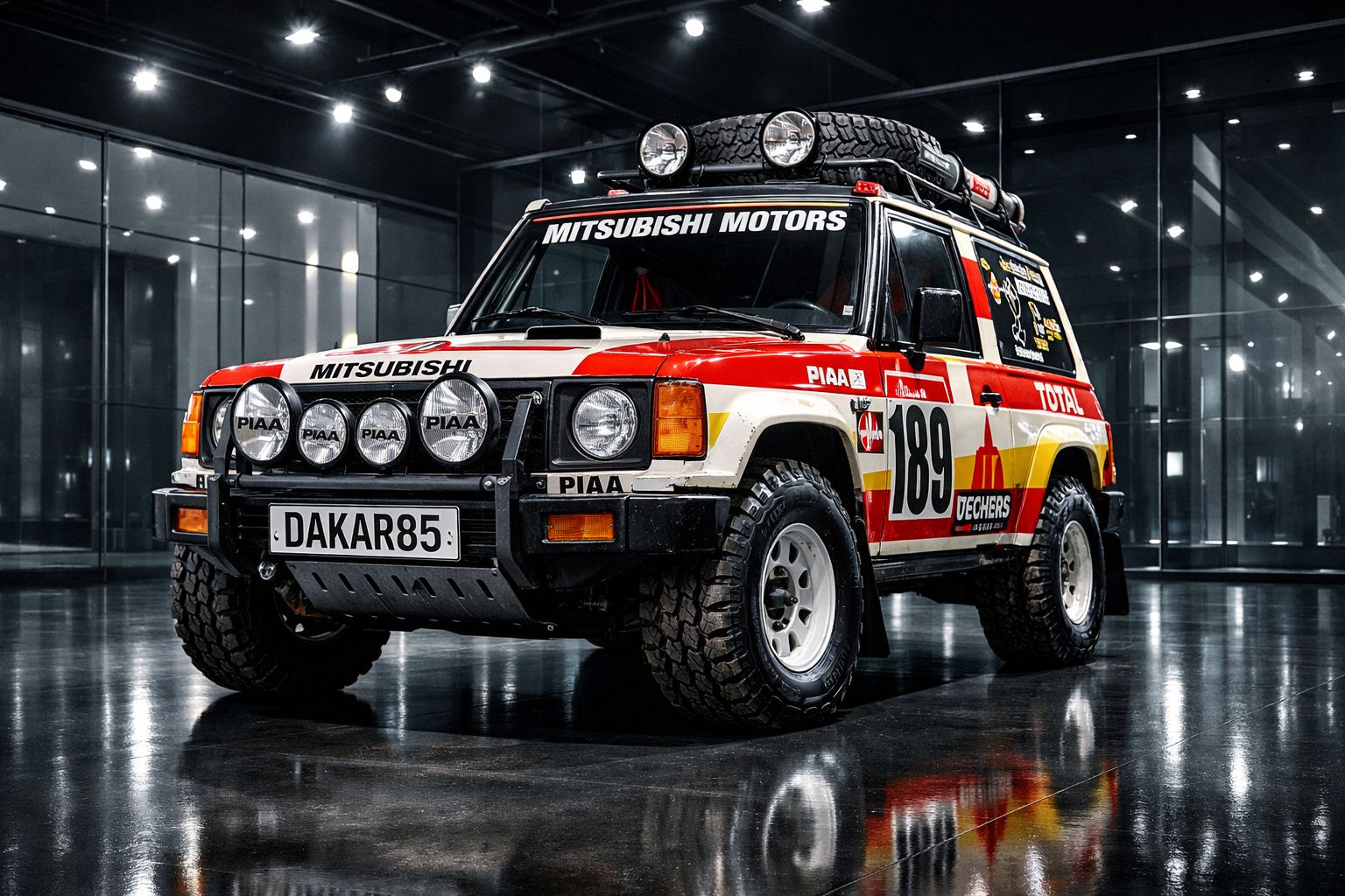 Carro de rally Mitsubishi com decoração Dakar85 e iluminação extra, estacionado em piso reflectivo interior.