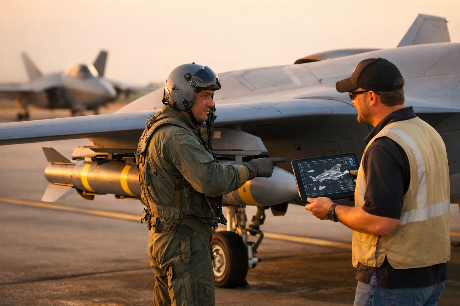 Piloto militar e técnico analisam dados num tablet junto a um avião de combate estacionado num aeródromo ao pôr do sol.