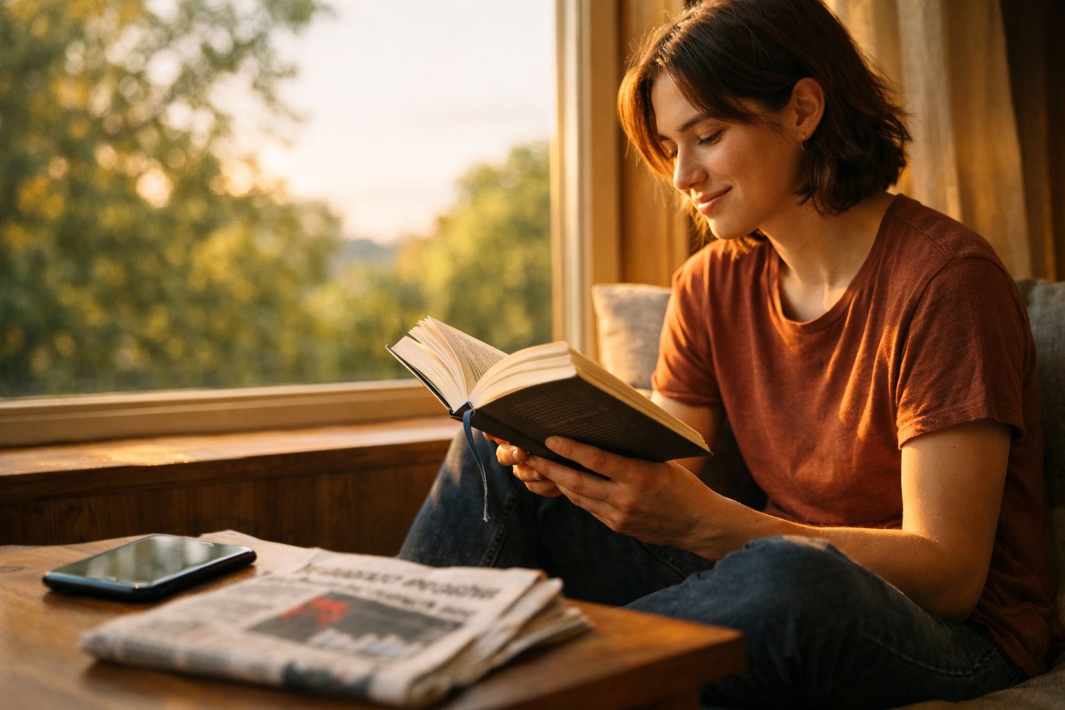 Pessoa sorridente sentada próxima a uma janela a ler um livro com luz natural ao entardecer.