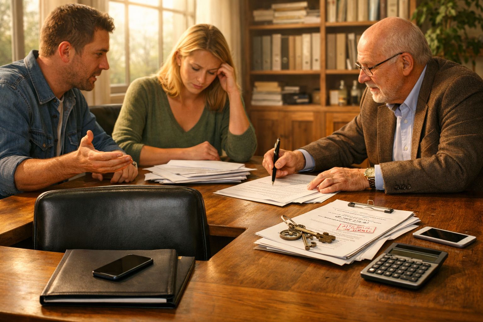 Casal conversa com advogado enquanto assina documentos numa mesa com calculadora e chaves.